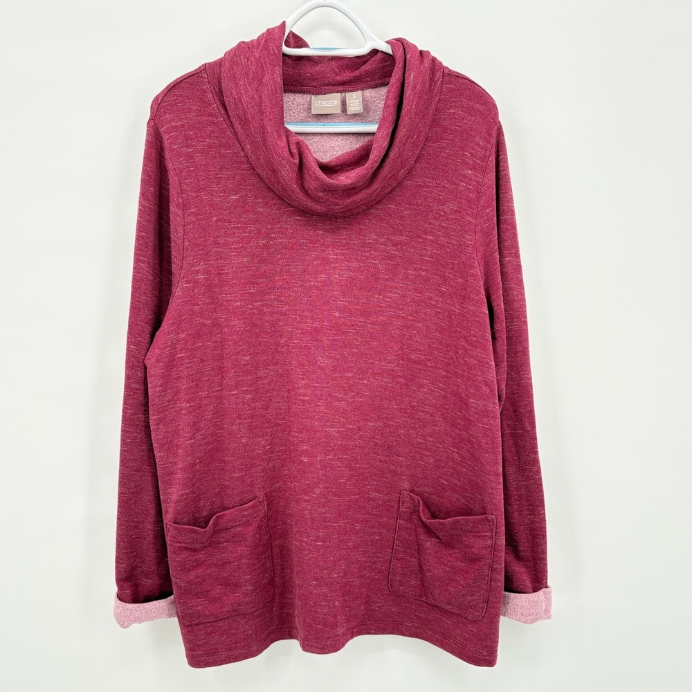 Chicos Cowl Neck Tunic Top Womens 3 XL Berry Pink Heather Pockets 570238619‎